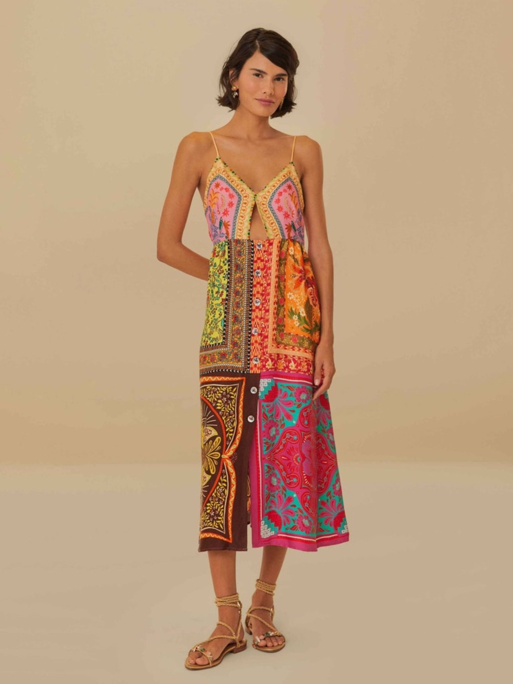 FARM Rio Multicolor Mixed Scarves Lenzing™ Ecovero™ Viscose Midi Dress Size S
